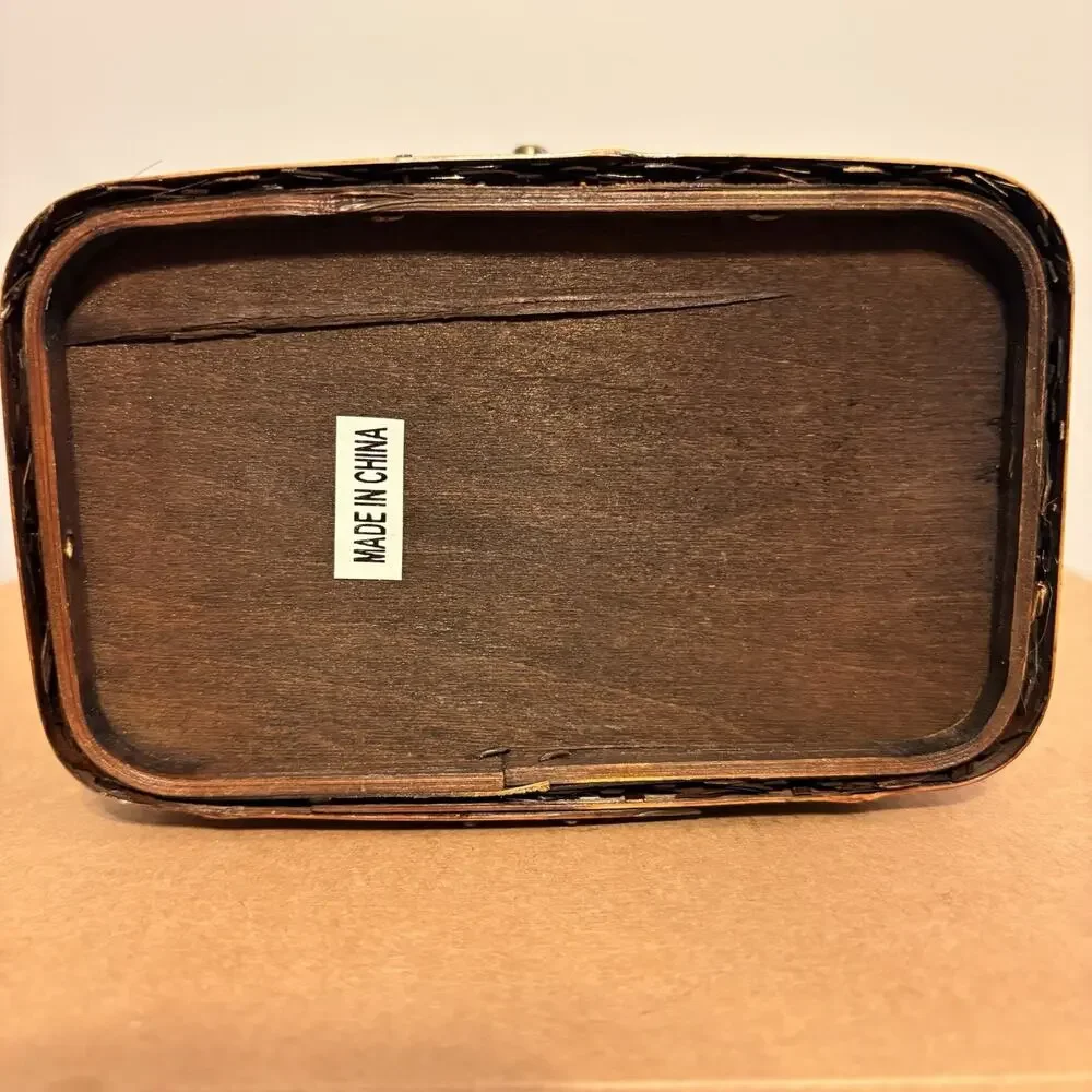 Handwoven Bamboo Keepsake Storage Box with Metallic Ribbon Weave & Latch Vintage